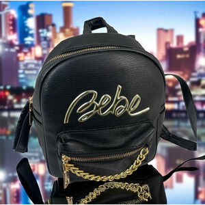 NWOT BEBE Small Black Gianna Backpack Handbag Vegan Leather Gold Logo Streetwear